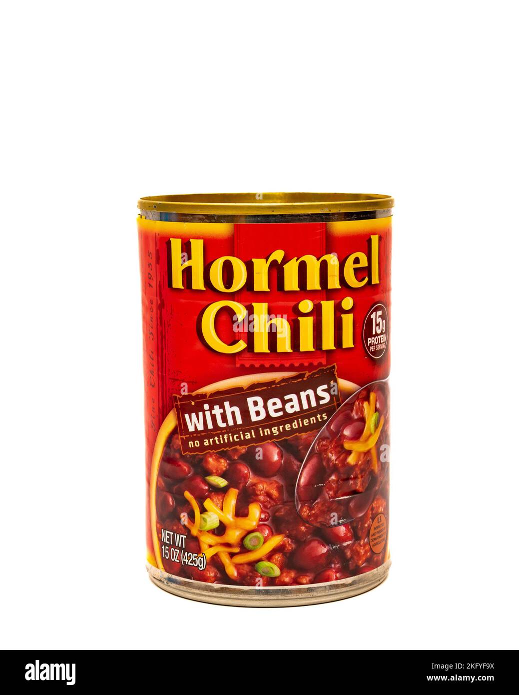 A can of Hormel Chili with beans, a delightful meal with no artificial ingredients and no preservatives Stock Photo