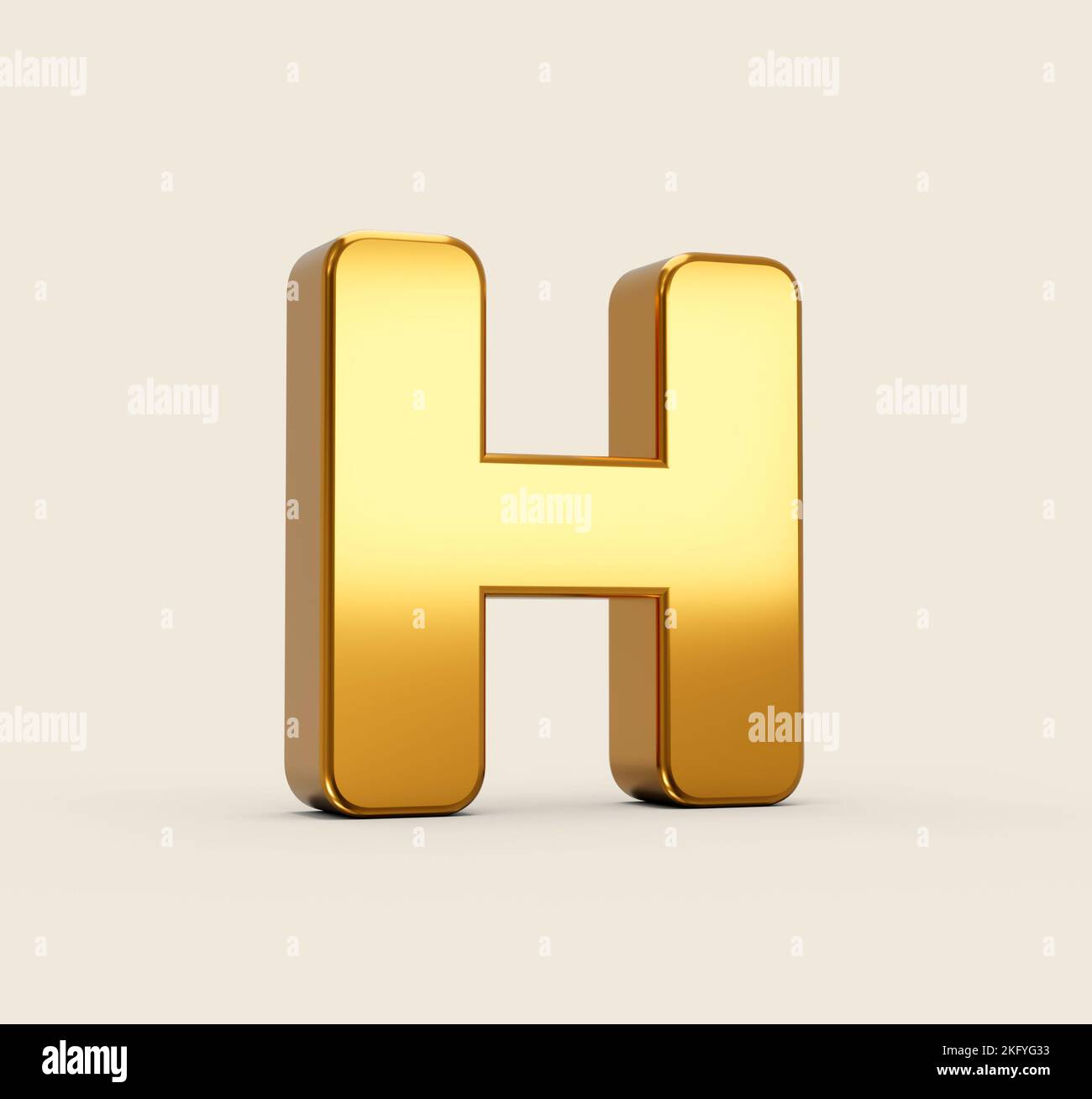 A 3d render design of golden H alphabet on beige background with shadow Stock Photo