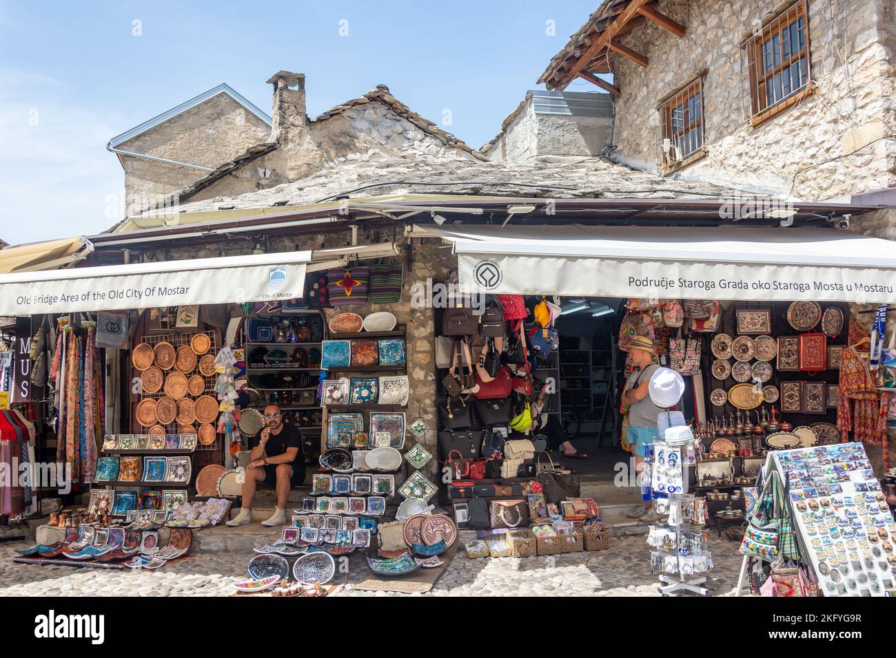 Souvenir stall in Bazzar Kujundžiluk at Stari Most (Mosta Bridge), Old Town, Mostar, Bosnia and Herzegovina Stock Photo