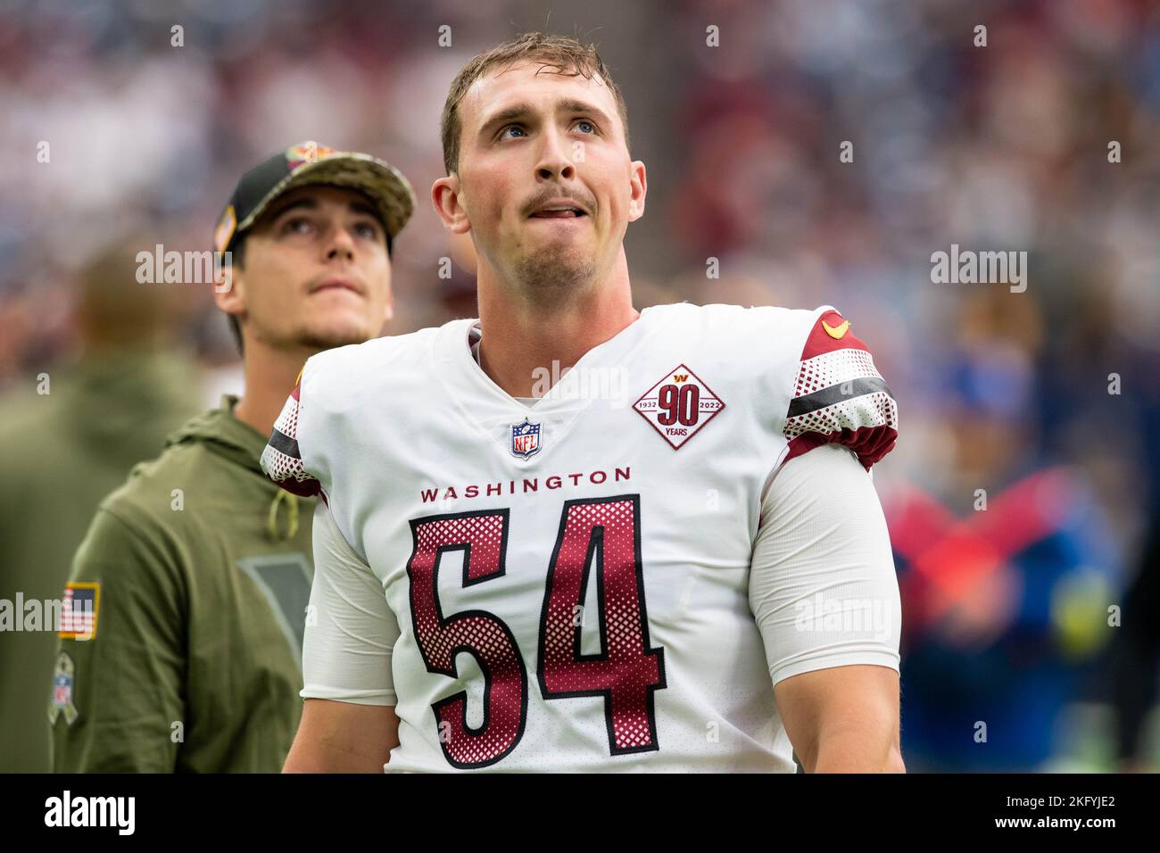 Washington Commanders long snapper Camaron Cheeseman (54) completes a drill  before NFL Preseason game between the Carolina Panthers vs the Washington  Commanders at FedEx Field in Landover, MD, on Aug. 13, 2022.