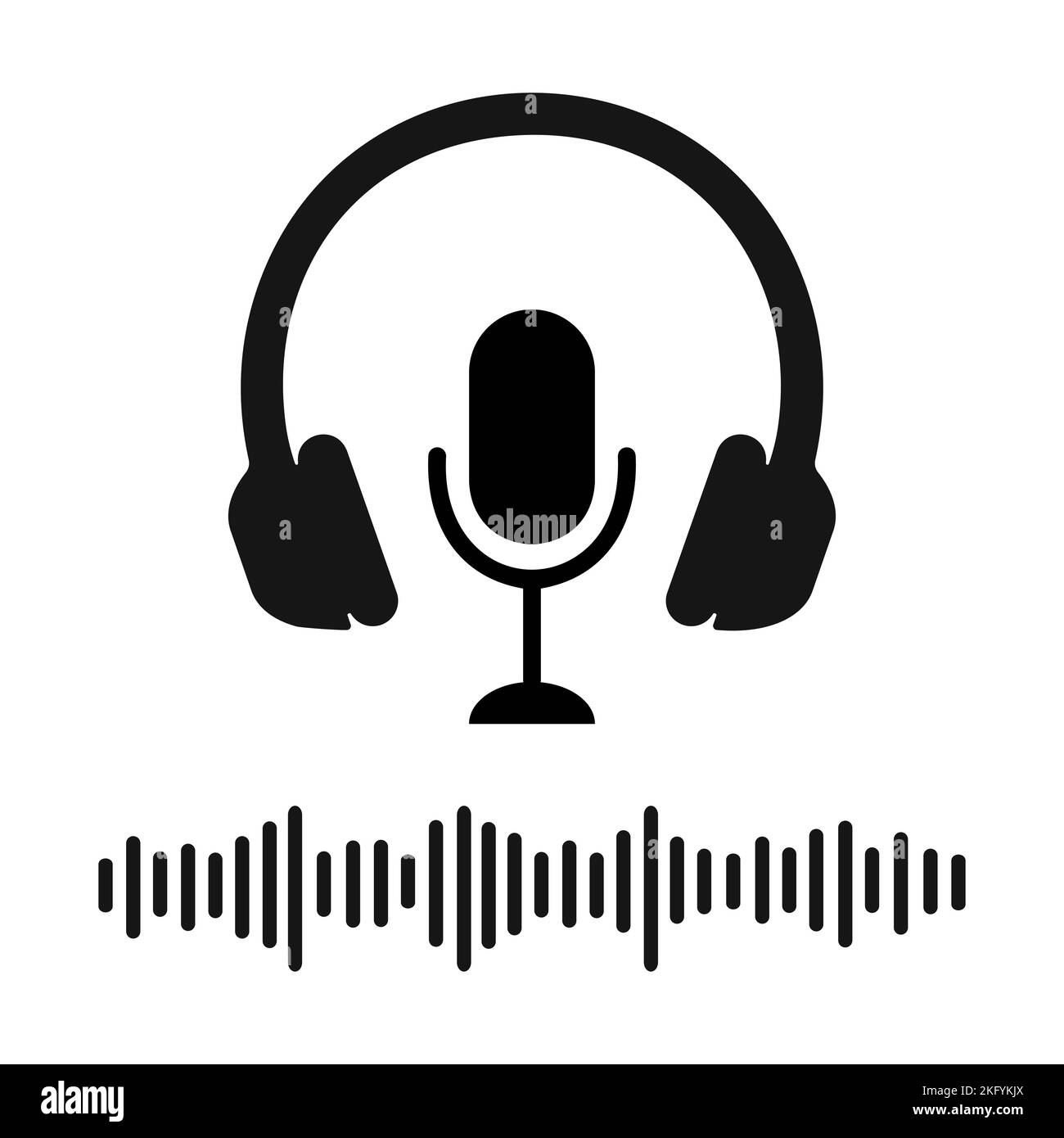 Headphones, microphone and sound wave icons. Online radio, concert, song recording, streaming, podcast, broadcast pictogram. Vector graphic illustration. Stock Vector