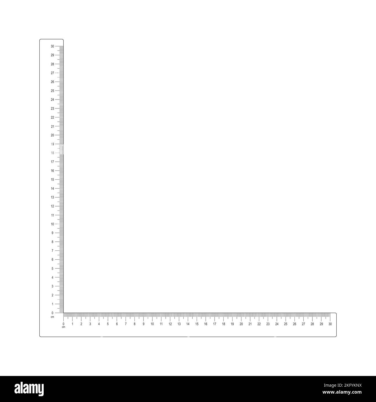 30 cm corner ruler template. Measuring tool with vertical and horizontal scales with centimeters and millimeters markup and numbers. Vector outline illustration isolated on white background Stock Vector
