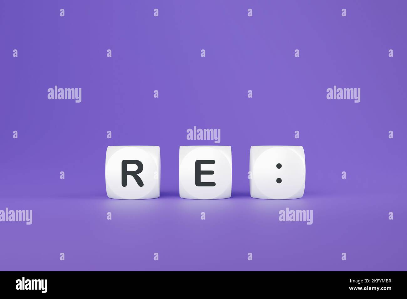 White plastic tiles with RE: sign stacked in violett background, 3d ...