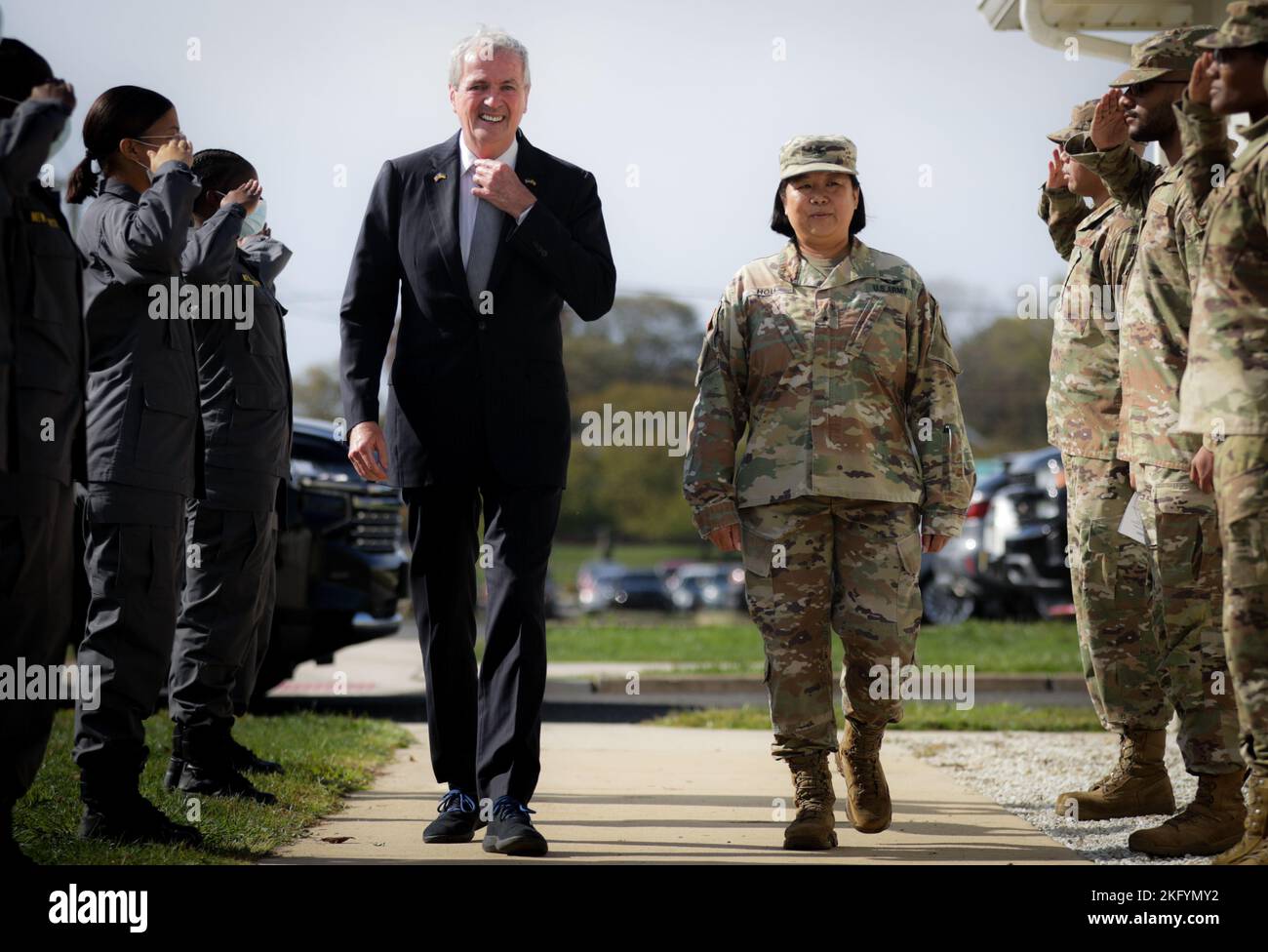 New Jersey Gov. Phillip D. Murphy, left, and Brig. Gen. Lisa J. Hou, D