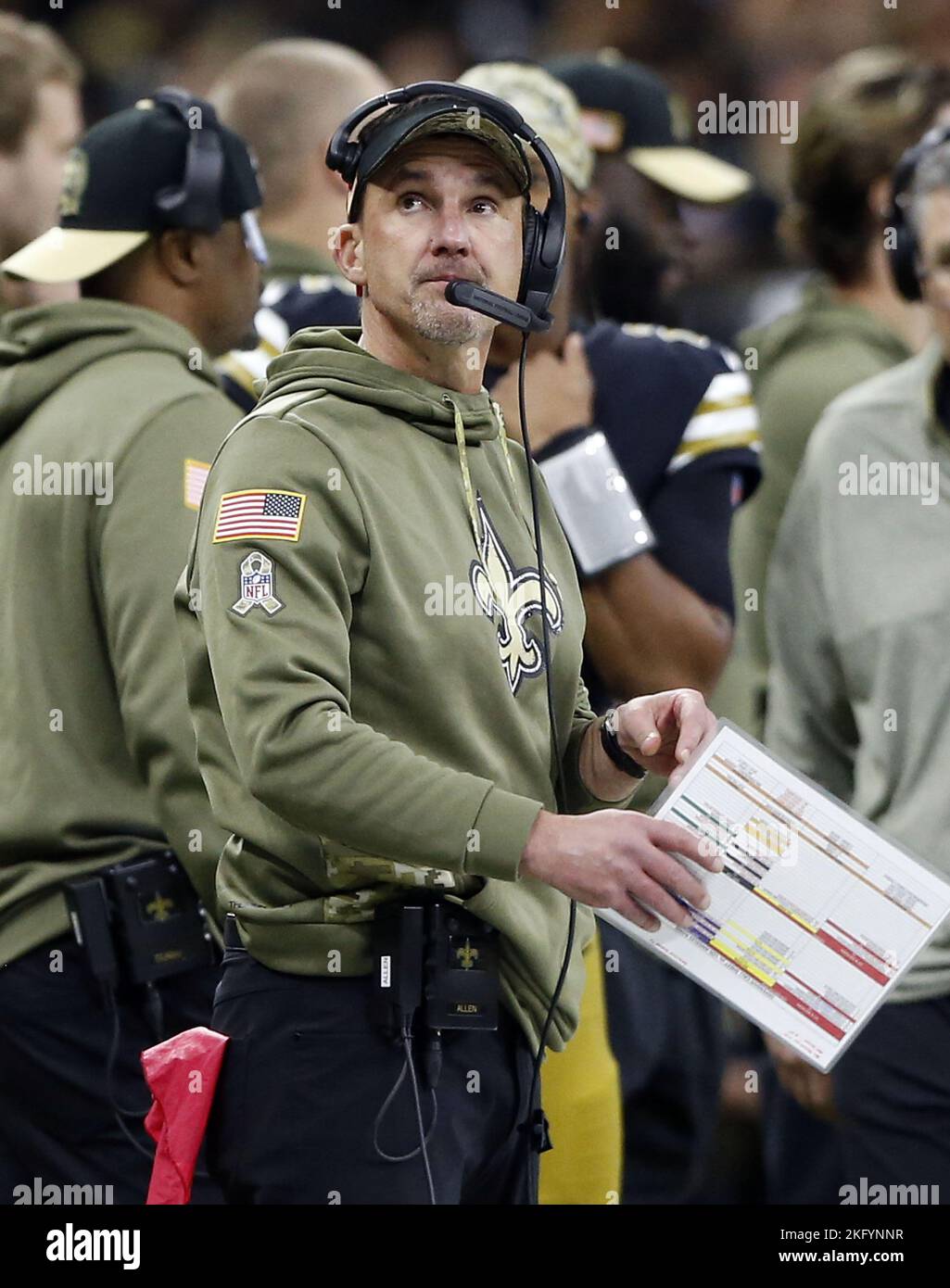 New Orleans, United States. 21st Nov, 2022. New Orleans Saints head coach Dennis Allen looks up at the replay screen during a game with Los Angeles Rams at the Caesars Superdome in New Orleans on Sunday, November 20, 2022. Photo by AJ Sisco/UPI. Credit: UPI/Alamy Live News Stock Photo