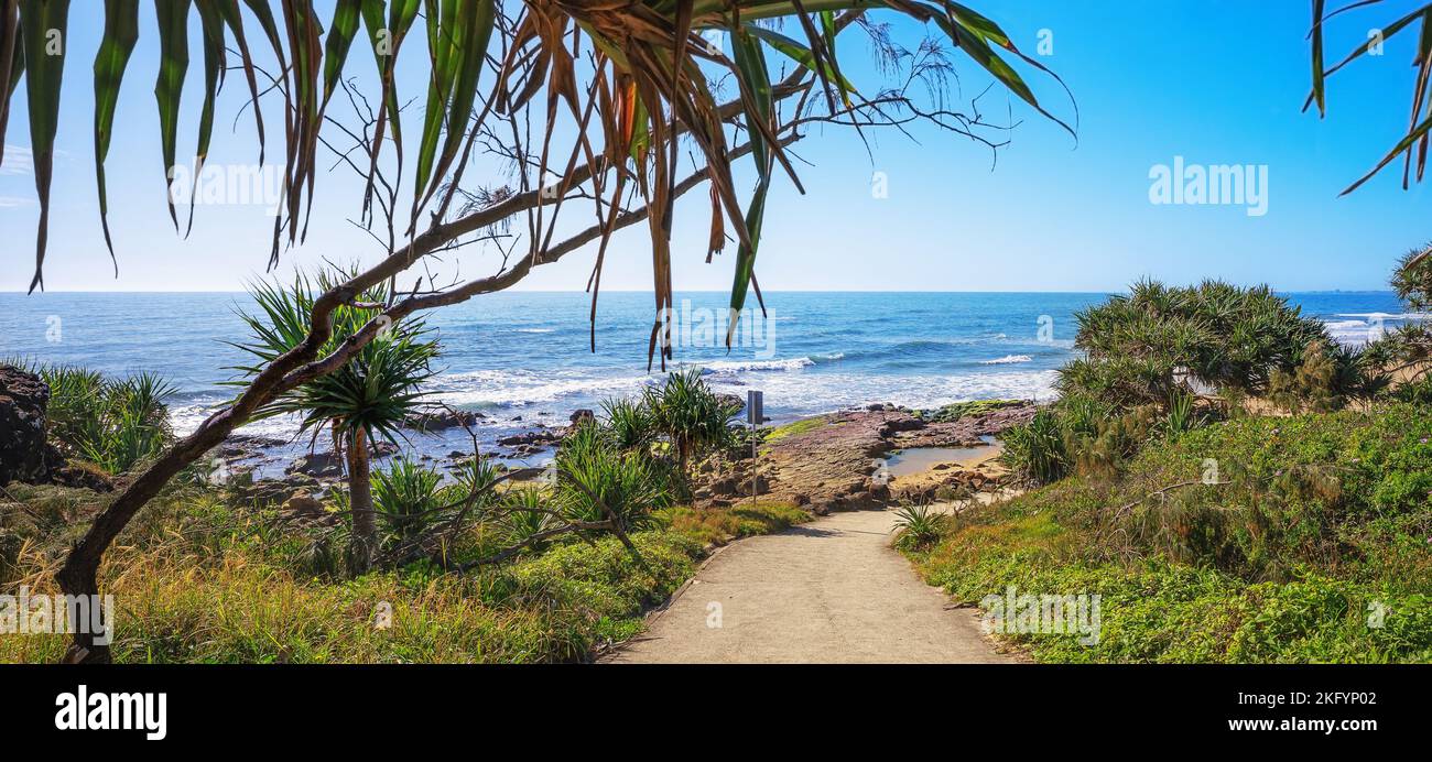 Coastal scenic view from the pathway leading down to the beach at Point Arkwright, Coolum, Sunshine Coast, Queensland, a very popular tourist or holid Stock Photo