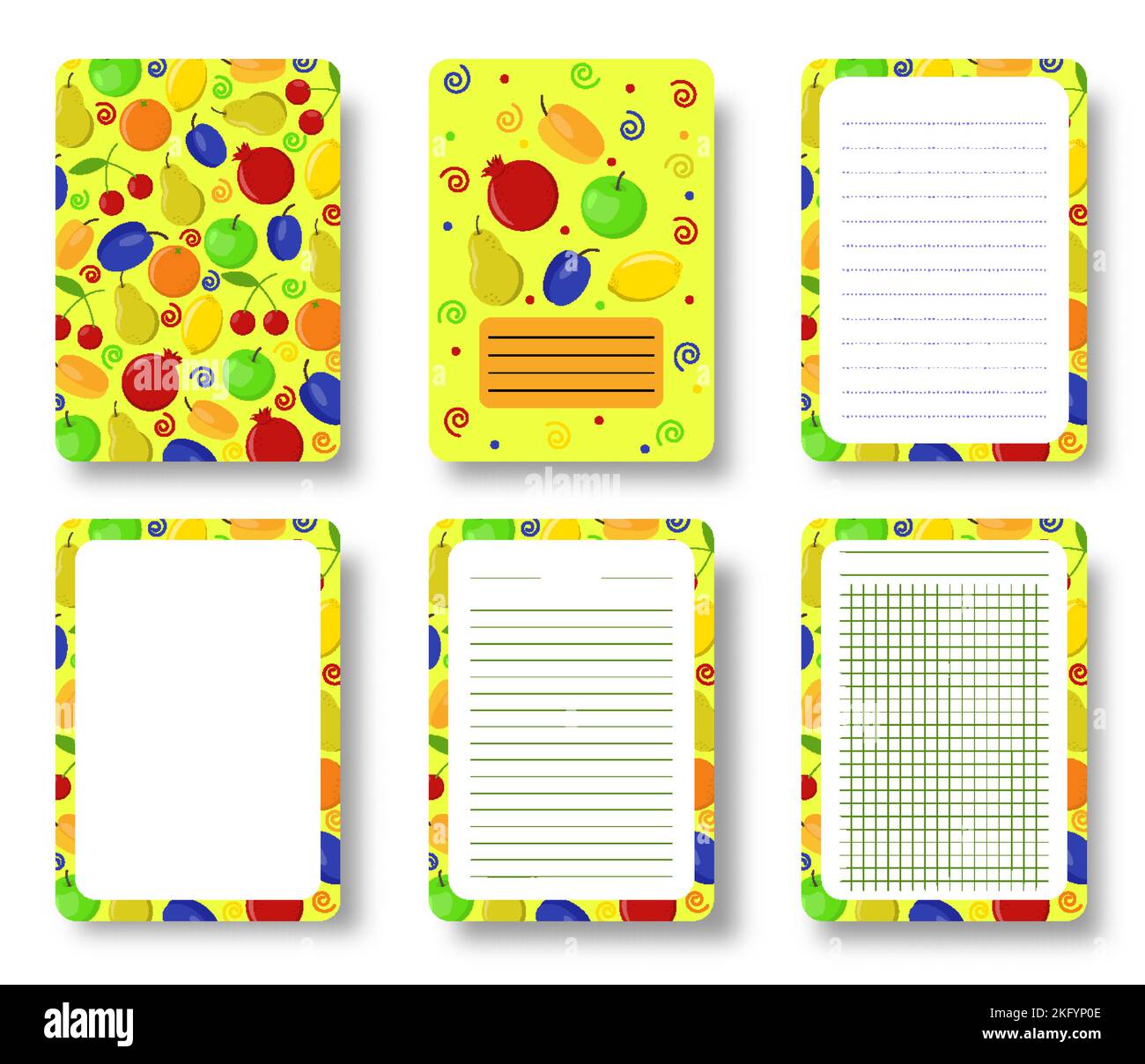 Fruits berries notebook cover set. fruit berry pattern template with copy space for annual notepad, brochure, copybook, diary. Healthy food flat fresh print for magazine covers, booklet journal cards Stock Vector