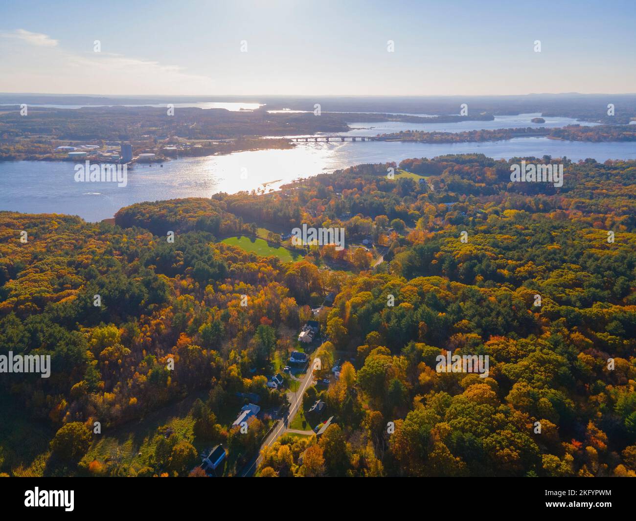 Eliot historic town center and Piscataqua River aerial view in fall with Portsmouth city at the