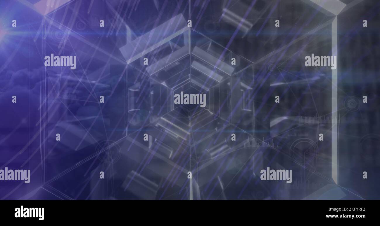This image shows a digital tunnel with light trails running through it, symbolizing global data proc Stock Photo