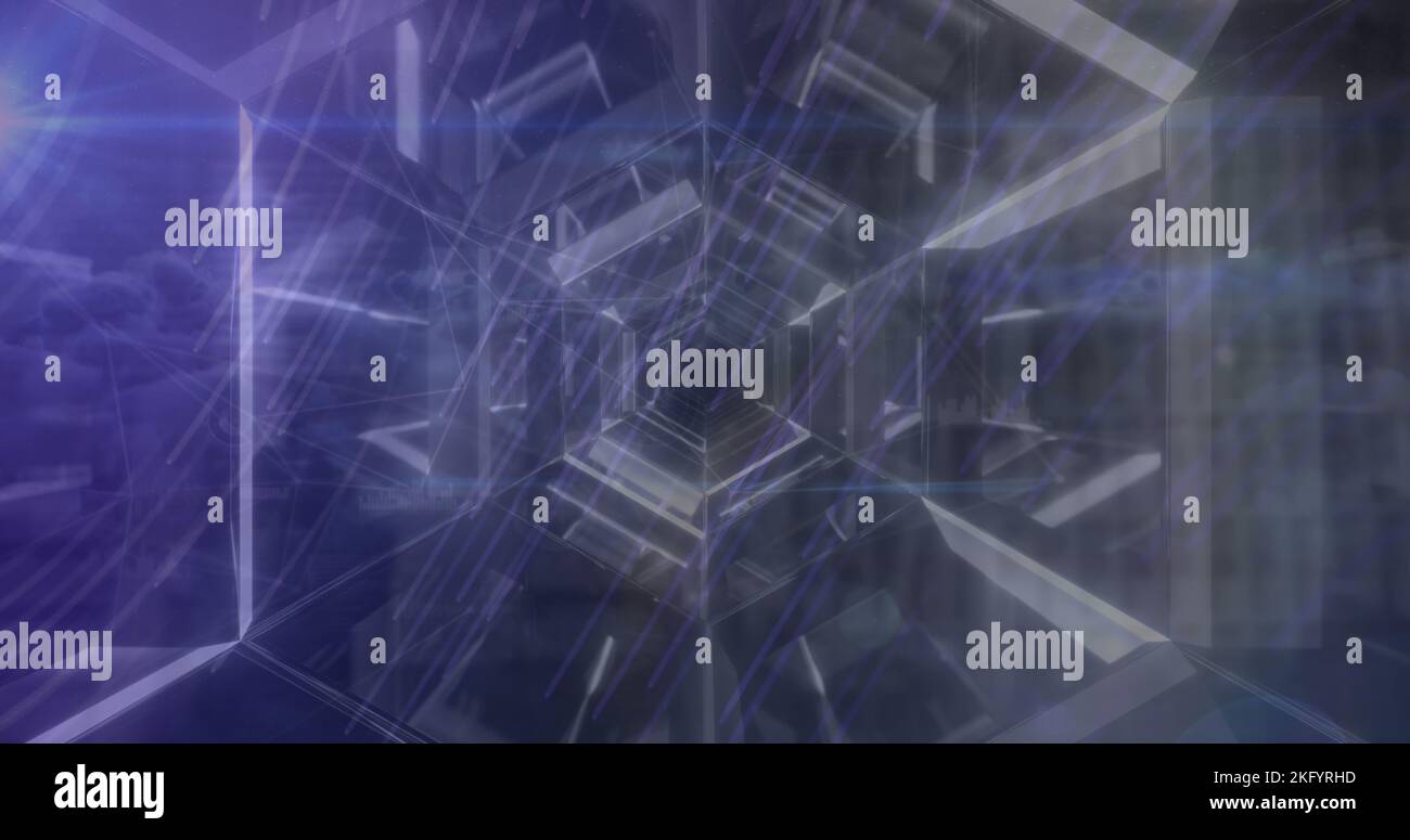 This image shows a digital tunnel with light trails running through it, symbolizing global data proc Stock Photo