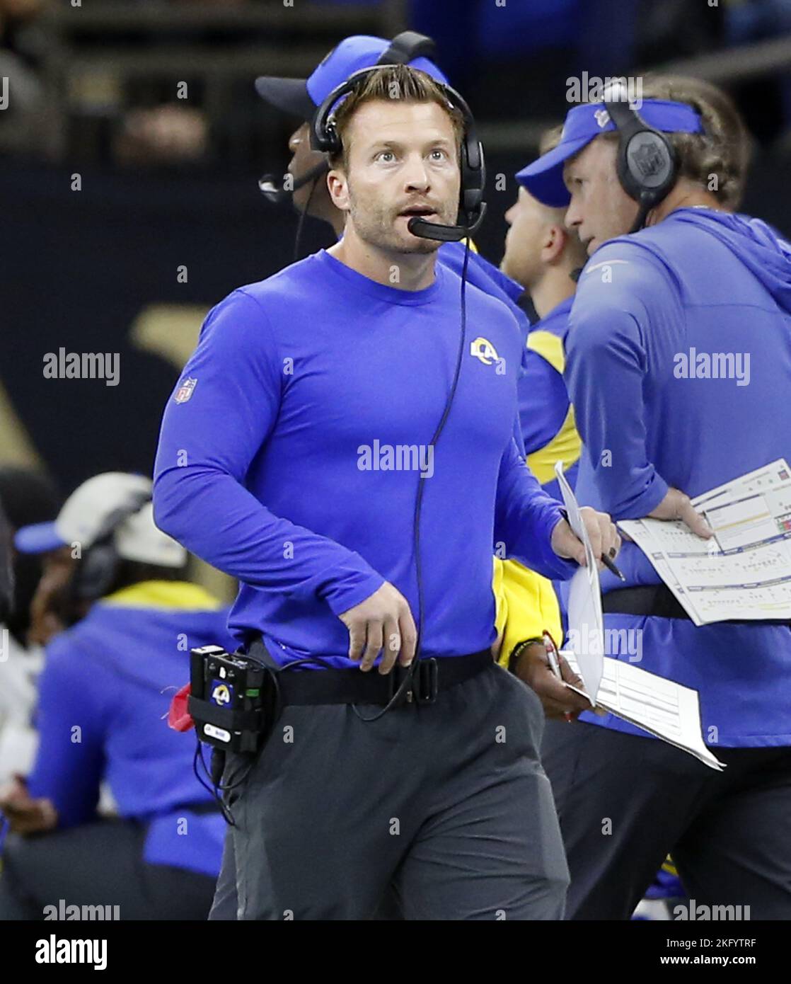 New Orleans, United States. 21st Nov, 2022. Los Angeles Rams head coach Sean McVay looks up at the replay screen during the game with the New Orleans Saints at the Caesars Superdome in New Orleans on Sunday, November 20, 2022. Photo by AJ Sisco/UPI. Credit: UPI/Alamy Live News Stock Photo