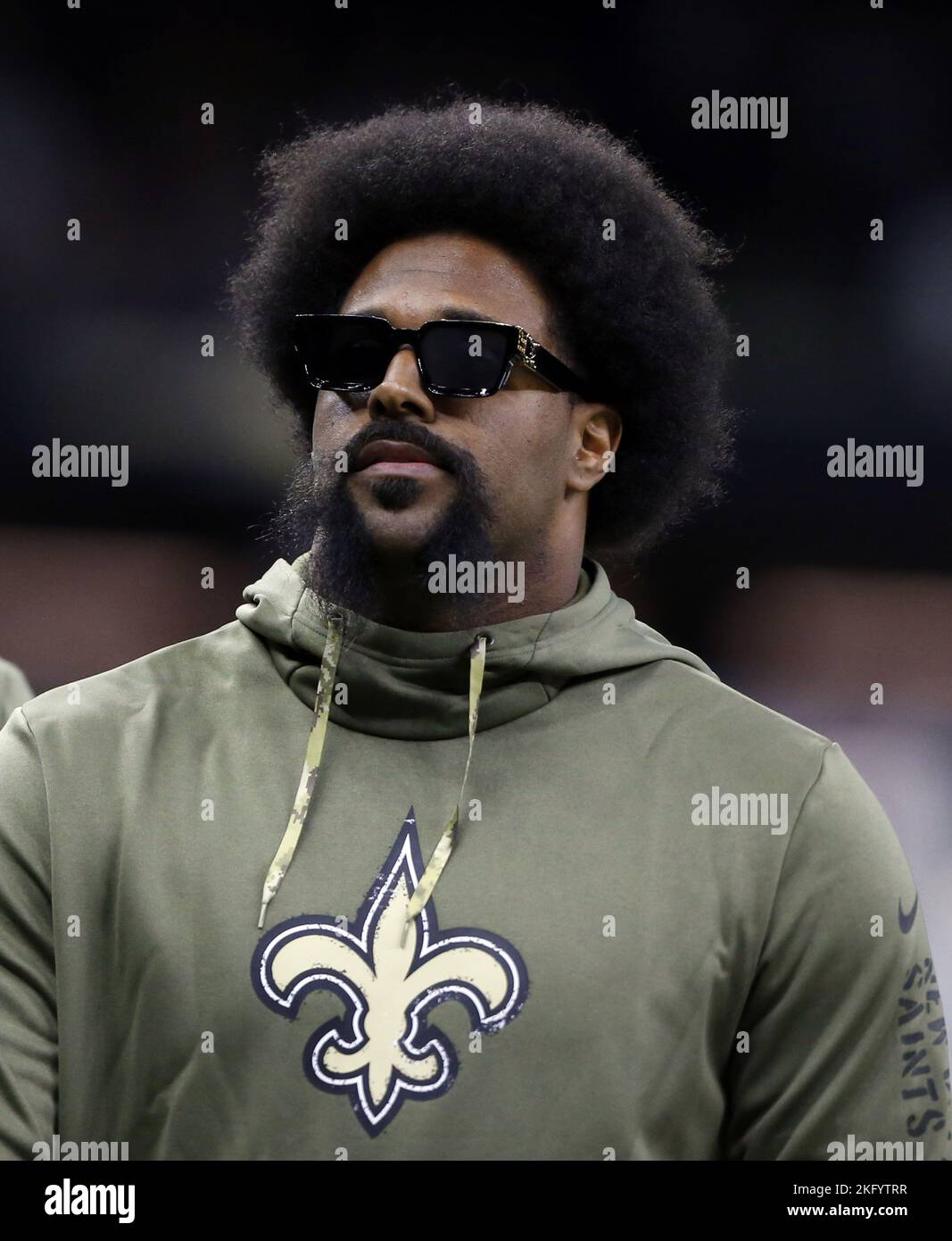 New Orleans, United States. 21st Nov, 2022. New Orleans Saints defensive end Cameron Jordan missed the game with Los Angeles Rams due to an eye injury leaves the field of the Caesars Superdome in New Orleans on Sunday, November 20, 2022. Photo by AJ Sisco/UPI. Credit: UPI/Alamy Live News Stock Photo