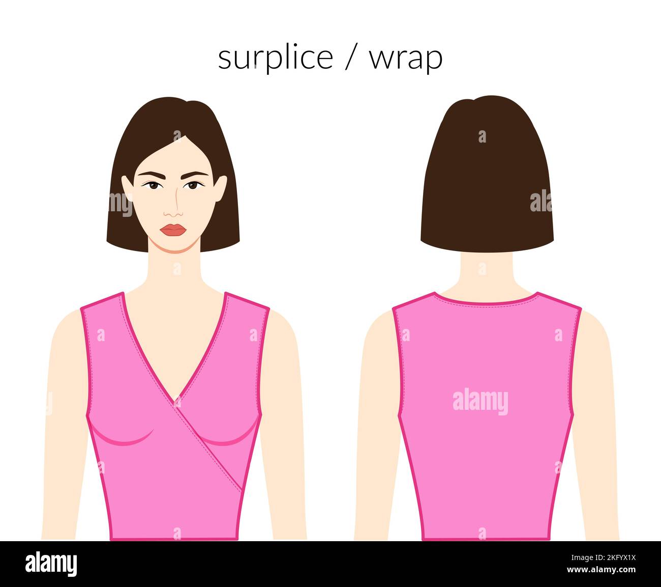 Surplice wrap neckline clothes character beautiful lady in pink top, shirt, dress technical fashion illustration with fitted body. Flat apparel template front, back sides. Women, men unisex CAD mockup Stock Vector