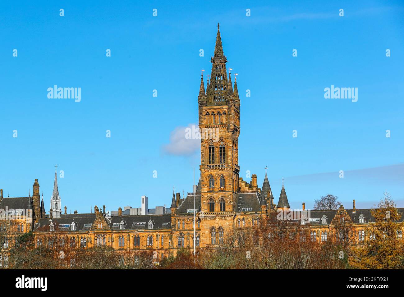 Glasgow University showing the tower taken in the autumn sun, Glasgow, Scotland, UK Stock Photo