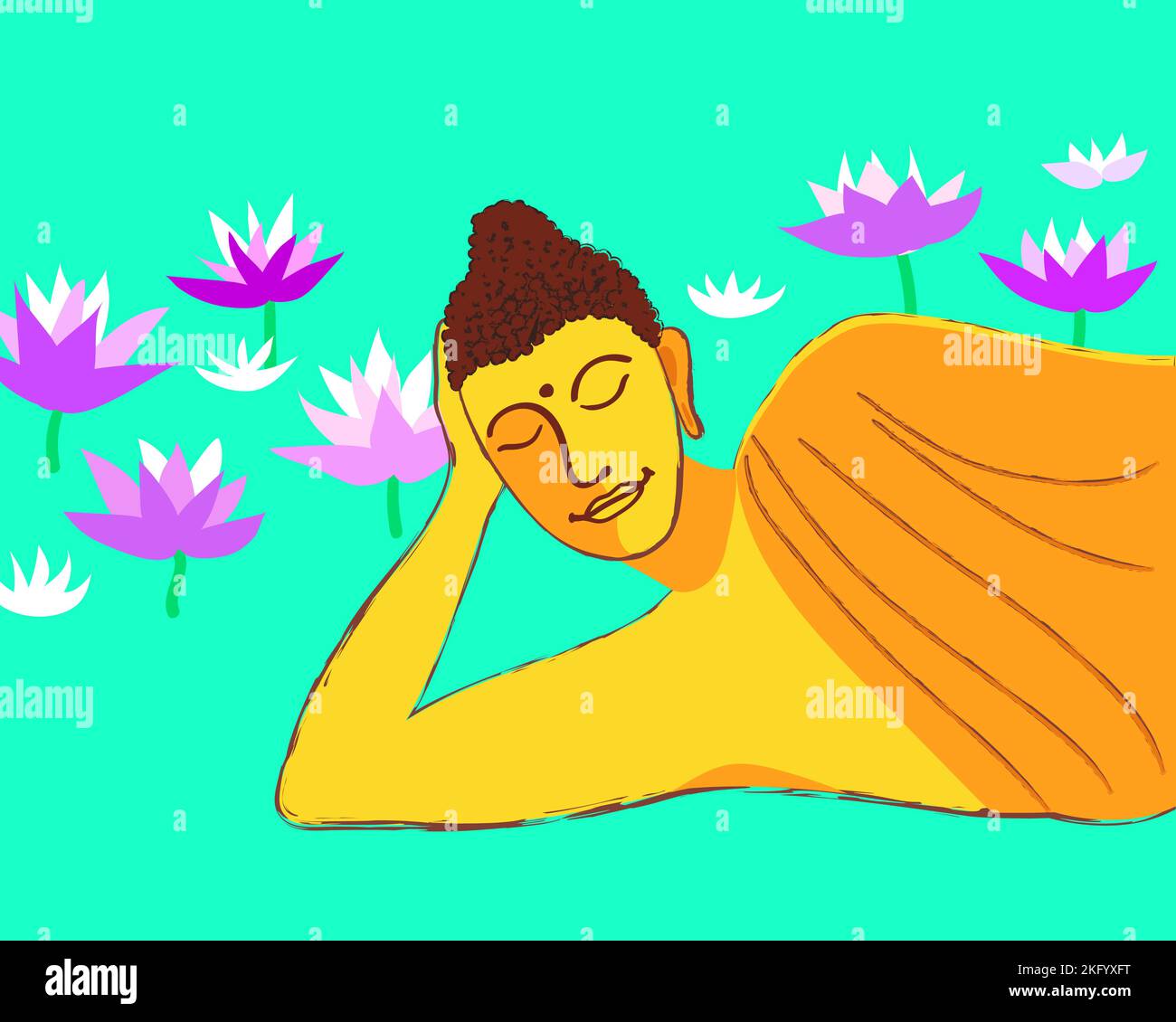 Gold Reclining Buddha among the lotuses in cartoon style. Vector illustration Stock Vector