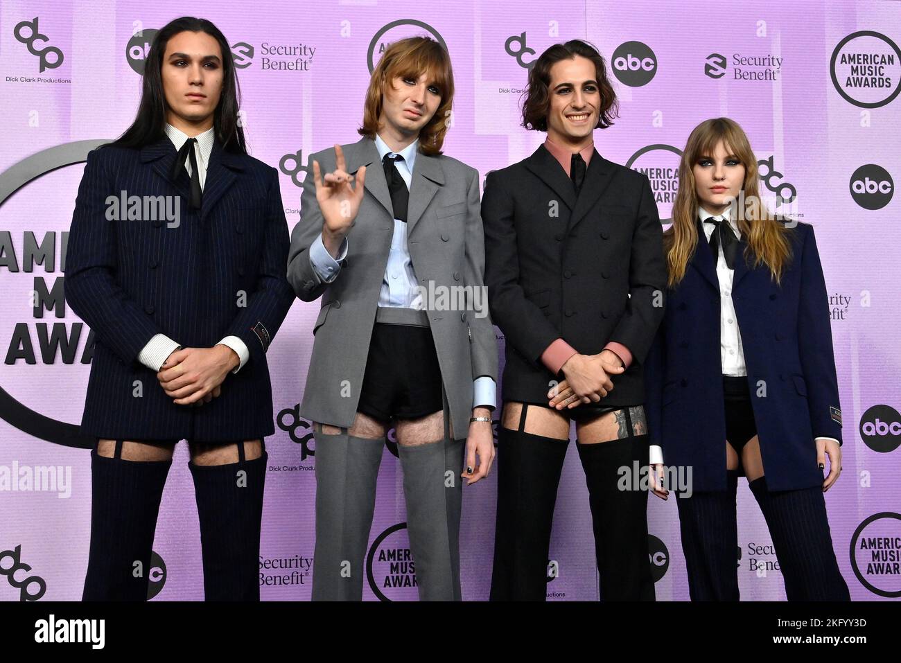 Los Angeles, United States. 20th Nov, 2022. (L-R) Ethan Torchio, Thomas Raggi, Damiano David and Victoria De Angelis of Måneskin arrive for the 50th annual American Music Awards at the Microsoft Theater in Los Angeles on Sunday, November 20, 2022. Photo by Jim Ruymen/UPI Credit: UPI/Alamy Live News Stock Photo