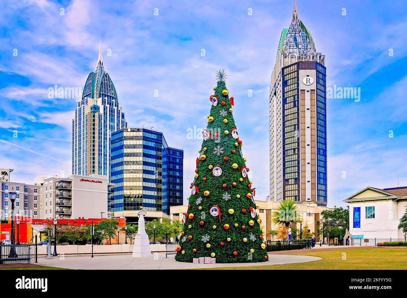 The city Christmas tree is displayed at Mardi Gras Park, Nov. 20, 2022, in Mobile, Alabama. Stock Photo