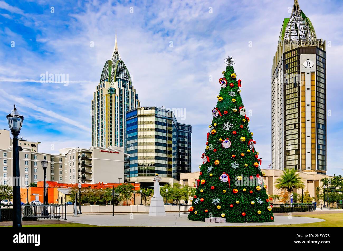 The city Christmas tree is displayed at Mardi Gras Park, Nov. 20, 2022, in Mobile, Alabama. Stock Photo
