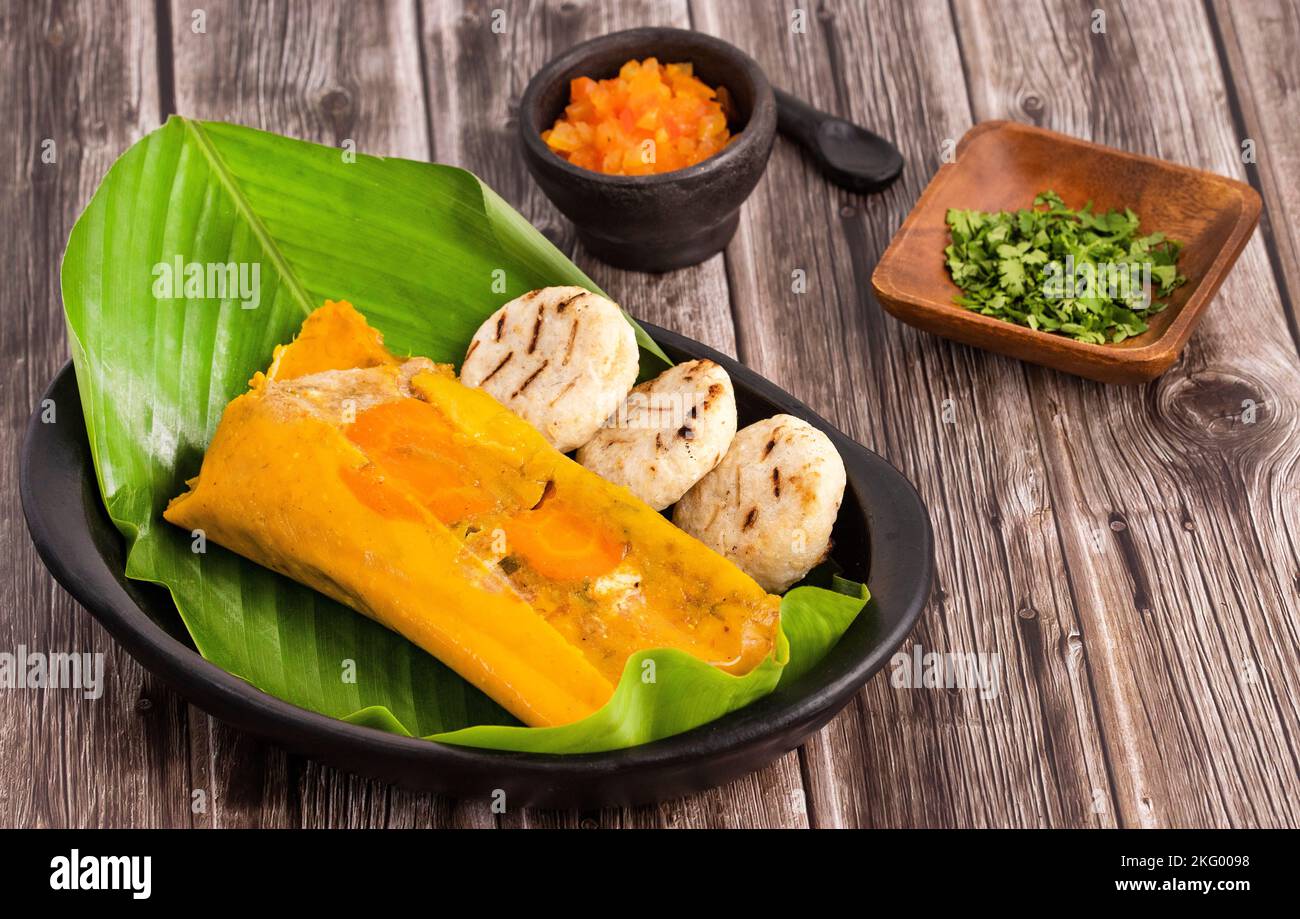 Colombian tamales recipe with steamed banana leaves Traditional gastronomy of Colombia Stock