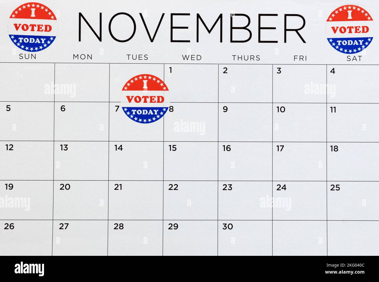 Vote stickers on November calendar background for American election campaign concept Stock Photo