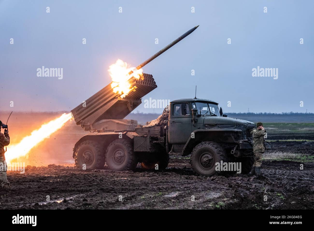 Ukraine. 20th Nov, 2022. A BM-21 Grad multiple rocket launcher of the 10th Mountain Assault Brigade of Ukraine fires towards Russian positions in Donbas, Ukraine. Credit: SOPA Images Limited/Alamy Live News Stock Photo