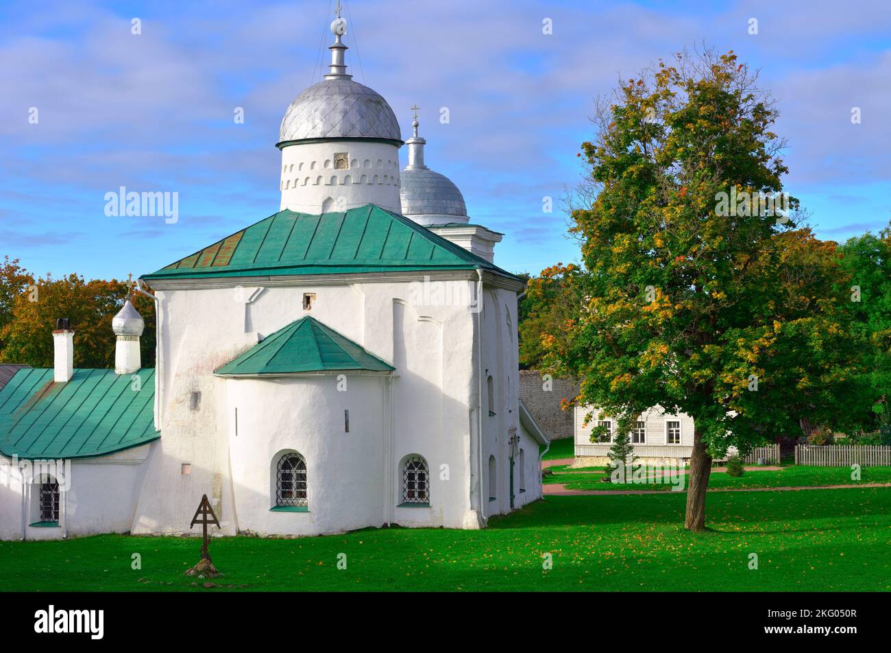 The old stone Izborskaya Church. St. Nicholas Orthodox Cathedral, an architectural monument of the XIV century. Izborsk, Pskov region, Russia, 2022 Stock Photo