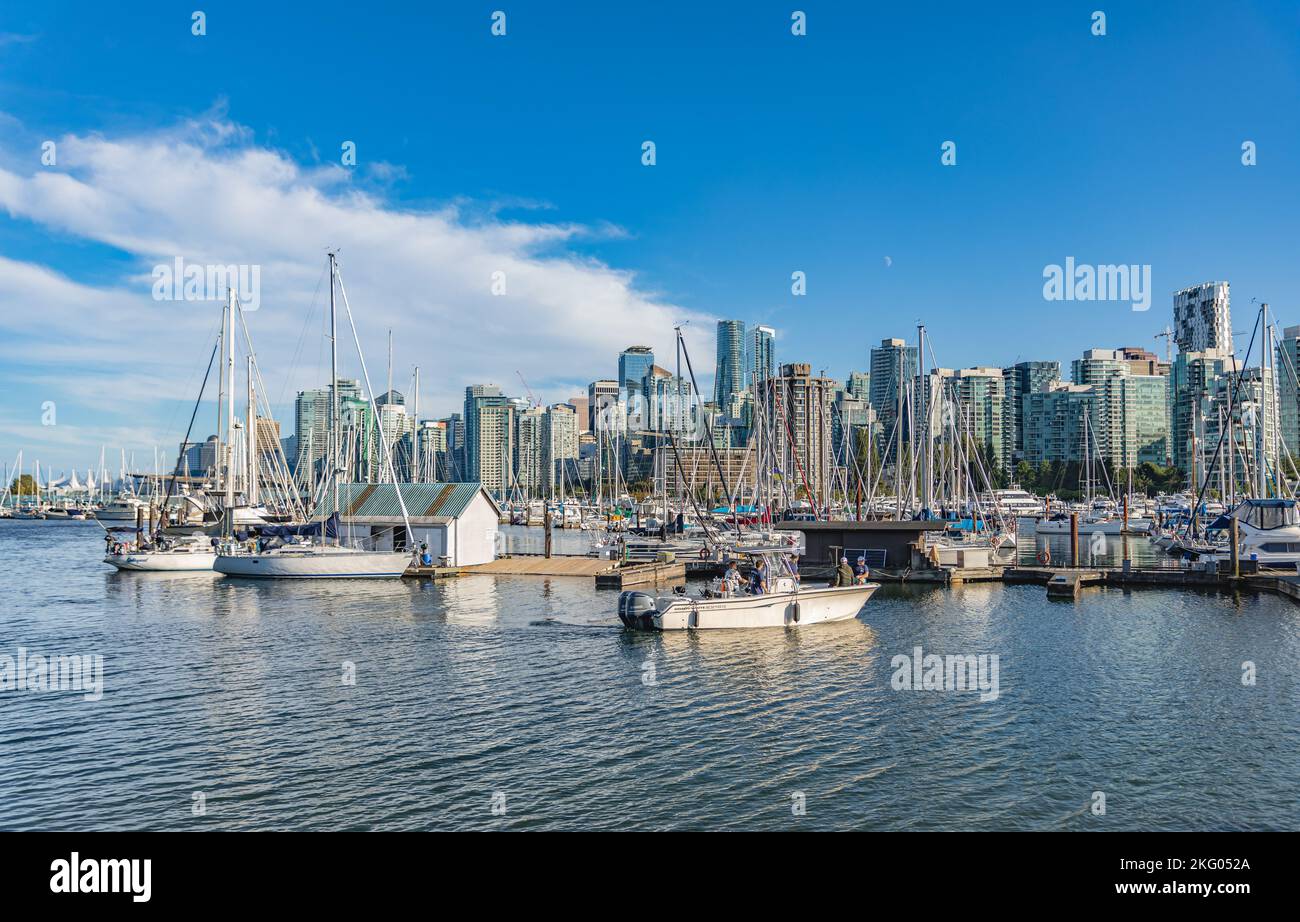 Vancouver, BC Canada. Stanley Park and Vancouver Skyline. Beautiful yachts and boats at marina in sunny summer day-October 3,2022-Travel photo, street Stock Photo