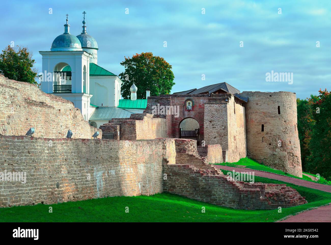 The old stone Izborskaya fortress. Entrance gate on the defensive corridor of the fortress walls, an architectural monument of the XIV-XVII century. I Stock Photo