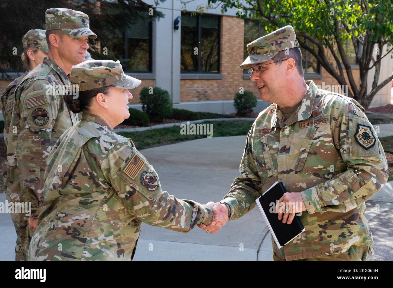 Maj. Gen. Andrew Gebara, 8th Air Force and Joint-Global Strike Operations Center commander, is greeted by members of the 28th Bomb Wing on Ellsworth Air Force Base, S.D., Oct. 17, 2022. Members of Ellsworth showcased significant contributions to the long-range strike mission and how they continue to maintain readiness and innovate. Stock Photo