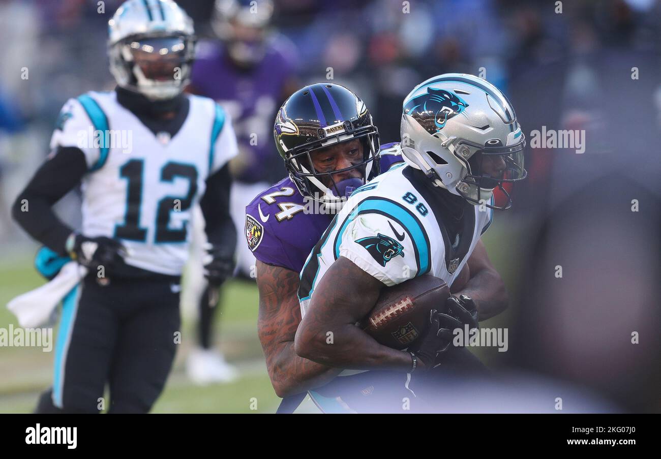 Nov 20, 2022: Baltimore Ravens CB Marcus Peters (24) tackles Carolina Panthers WR Terrace Marshall Jr. (88) during a game in Baltimore, MD. Photo/ Mike Buscher/Cal Sport Media Stock Photo