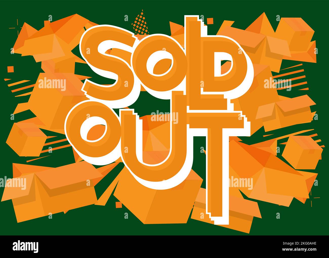 Sold Out word with cardboard box. Vector cartoon folded card box