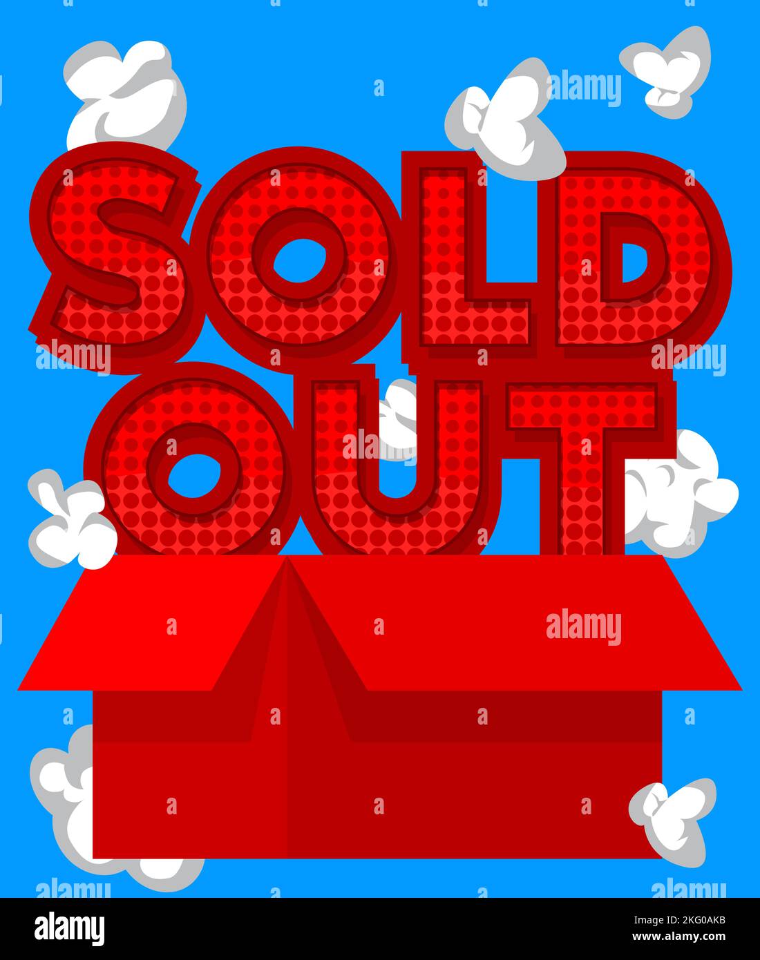Sold Out word with cardboard box. Vector cartoon folded card box