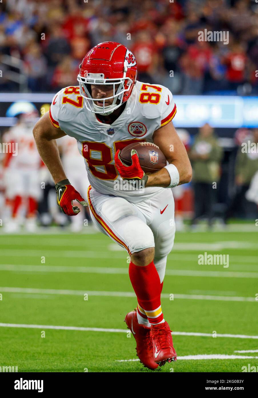 Inglewood, California, USA. 20th Nov, 2022. Kansas City Chiefs tight end  Travis Kelce #87 carries the ball during the NFL football game between the Kansas  City Chiefs and the Los Angeles Chargers