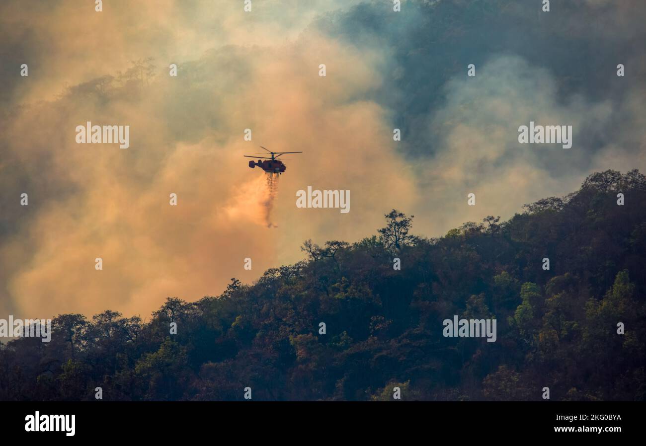 Fire fighting helicopter dropping water onto wildfire Stock Photo