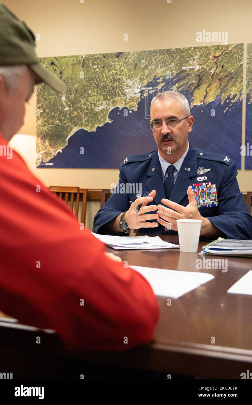Colonel Ian Gillis, 101st Air Refueling Wing Commander, meets with Senator Angus King's Congressional Delegation to discuss current events within the Maine Air National Guard. The visit was part of a multi-day trip to our nation's capitol that allowed our MAINEiacs to meet with state leaders to discuss topics involving the KC-46, recruiting, and KC-135 modifications. Stock Photo