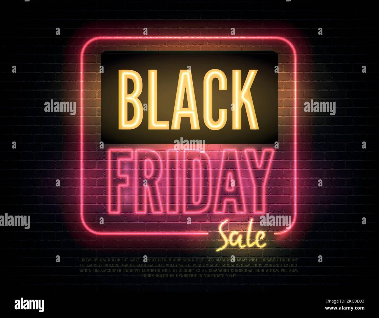 Black Friday seasonal clearance, luxury store special price offer poster design. Sale advert neon light and inscription on dark background. Stylish discounts realistic pink yellow vector banner template Stock Vector