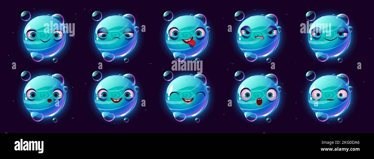 Cute blue planet character faces emoji set, cartoon ui space game cosmic object with bubbles, happy, sad, surprised wow face, show tongue and angry. Funny galaxy universe personage Vector illustration Stock Vector
