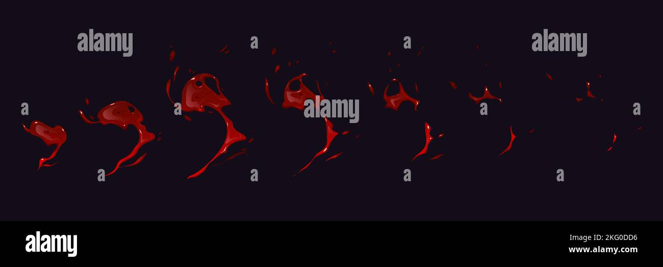 Blood splash animation set on black background. Cartoon vector illustration of abstract red paint or ink splatters. Liquid scarlett substance stains. Sprite sheet of game design elements, punch effect Stock Vector
