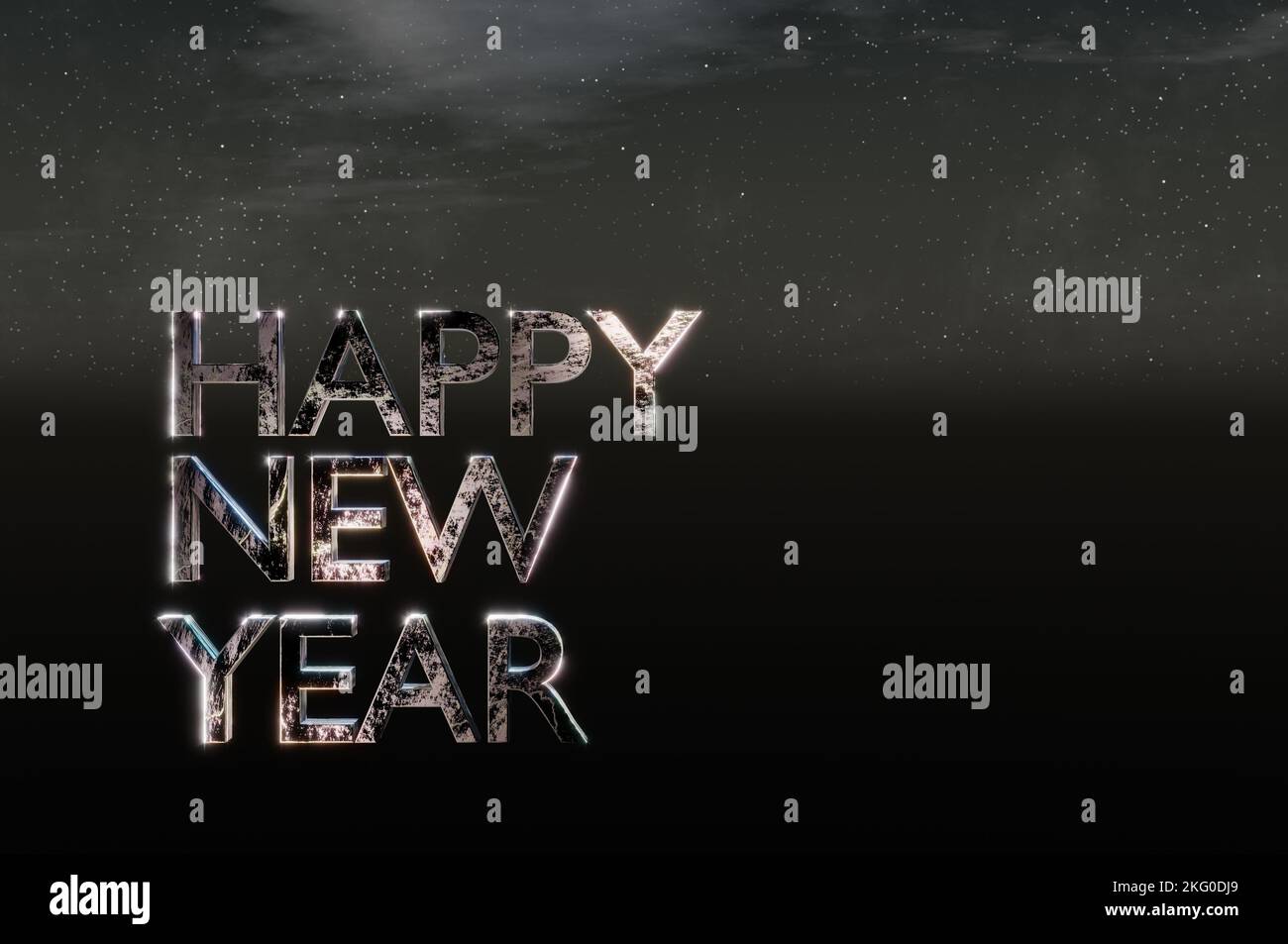 3D Illustration , 3d rendering . Happy New Year background on black sky . Stock Photo