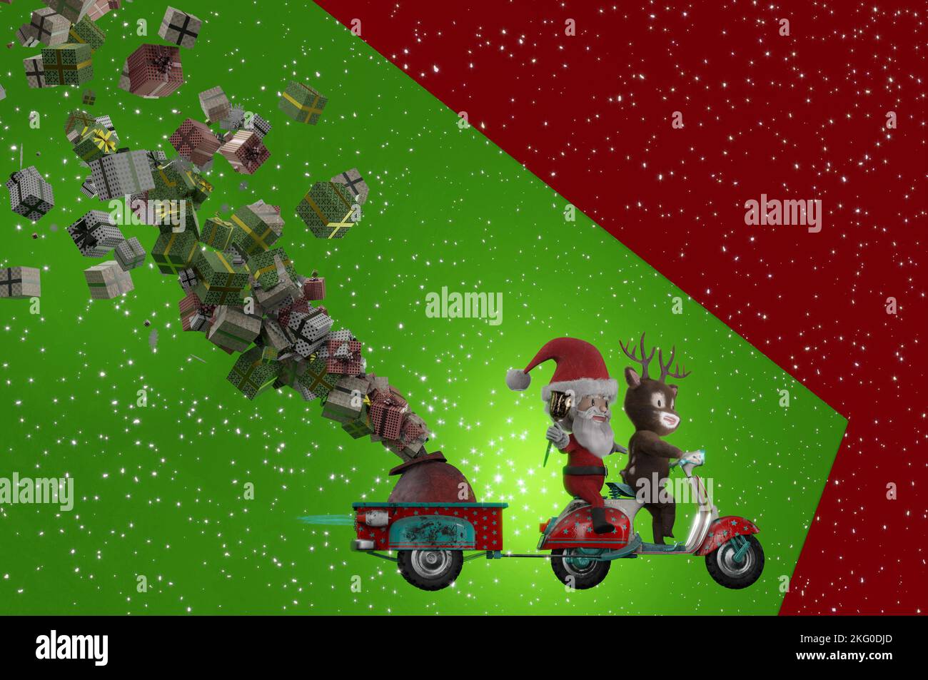 3D Illustration , 3d rendering . Santa Claus and deer Ride Scooter Christmas Holiday Happy New Year Greeting Card Stock Photo