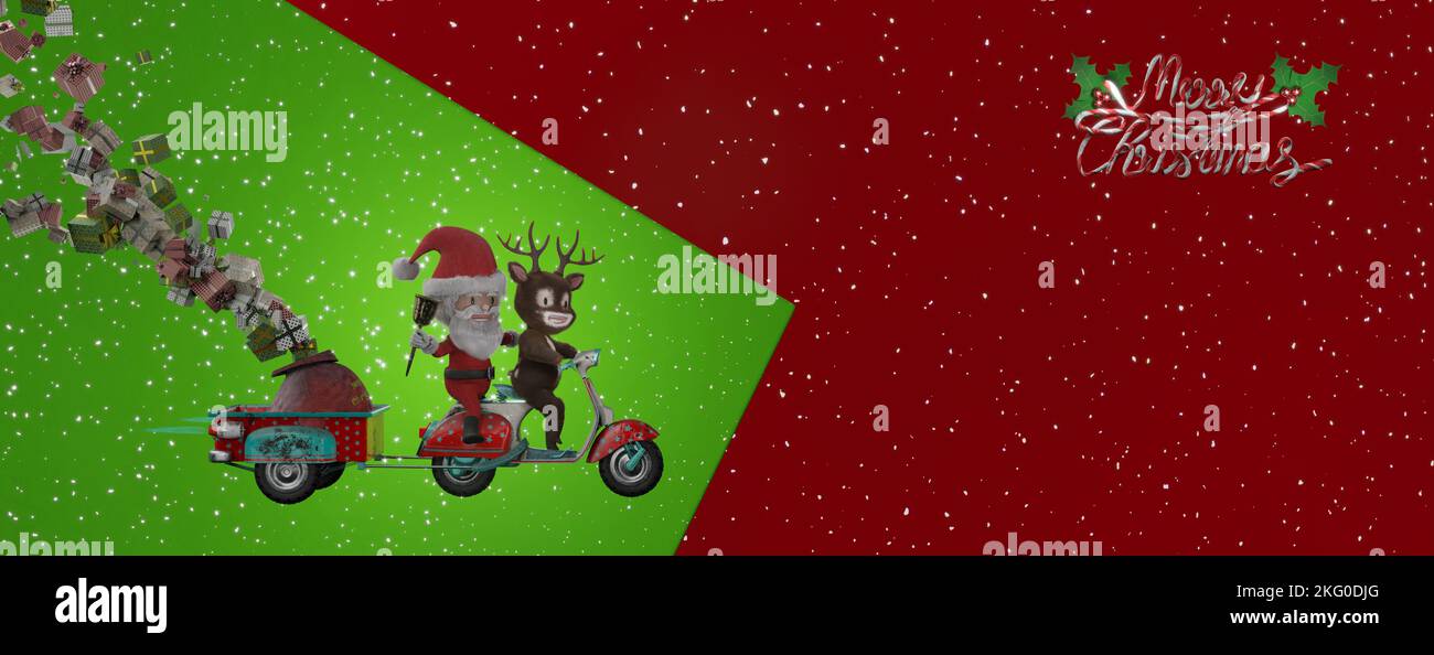 3D Illustration , 3d rendering . Santa Claus and deer Ride Scooter Christmas Holiday Happy New Year Greeting Card . banner side Stock Photo