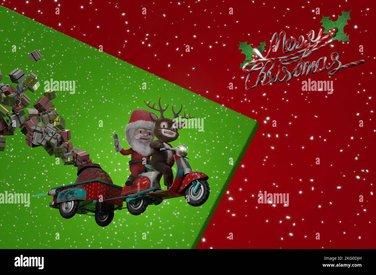 3D Illustration , 3d rendering . Santa Claus and deer Ride Scooter Christmas Holiday Happy New Year Greeting Card Stock Photo