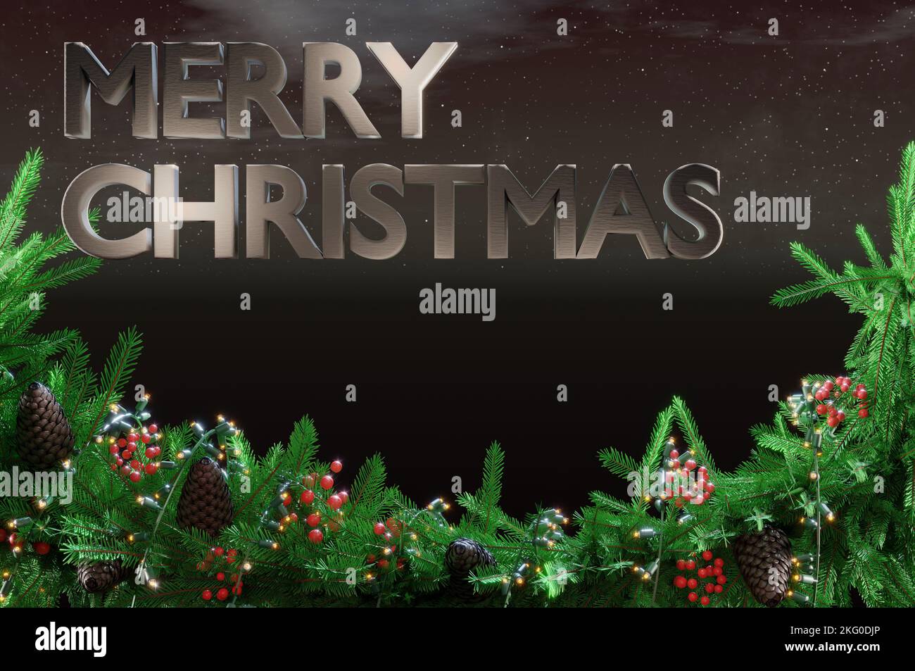 3D Illustration , 3d rendering . Happy Merry Christmas background on black sky . Stock Photo