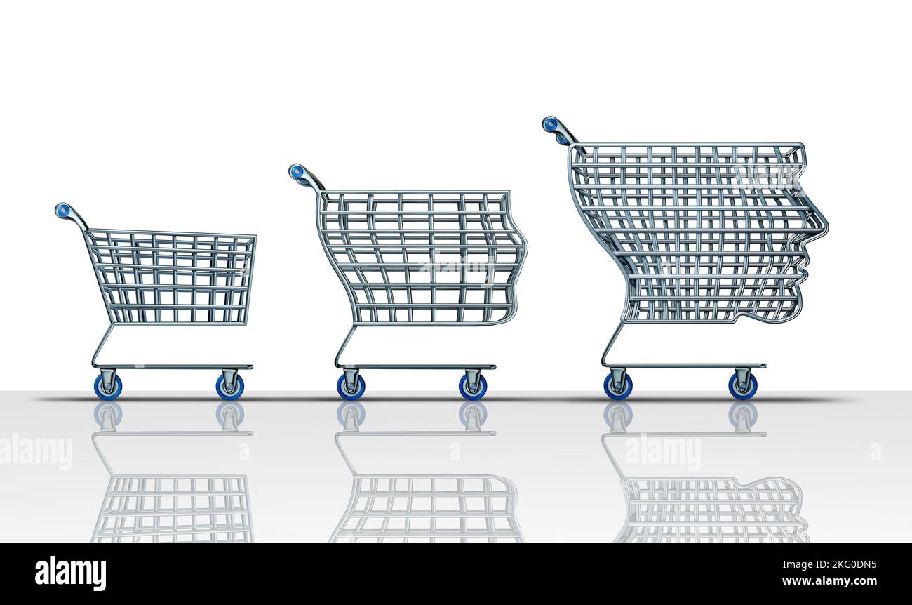 Customer development and retail shopper concept as a shopping cart evolving and growing into an intelligent buyer as a business sales strategy growth Stock Photo