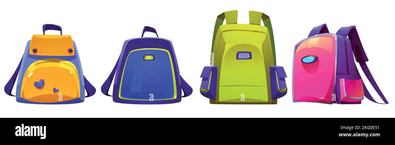 Kids school bags, backpacks or rucksacks with straps. Orange, blue, green and pink colored knapsack for boy or girl front and angle view. Student schoolbag isolated on white background, Vector set Stock Vector