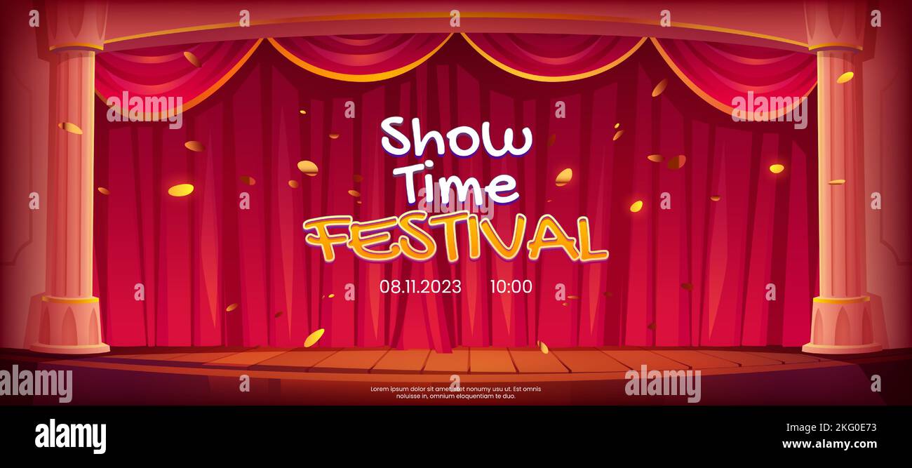 Show time festival banner, theater stage, red curtains, columns and