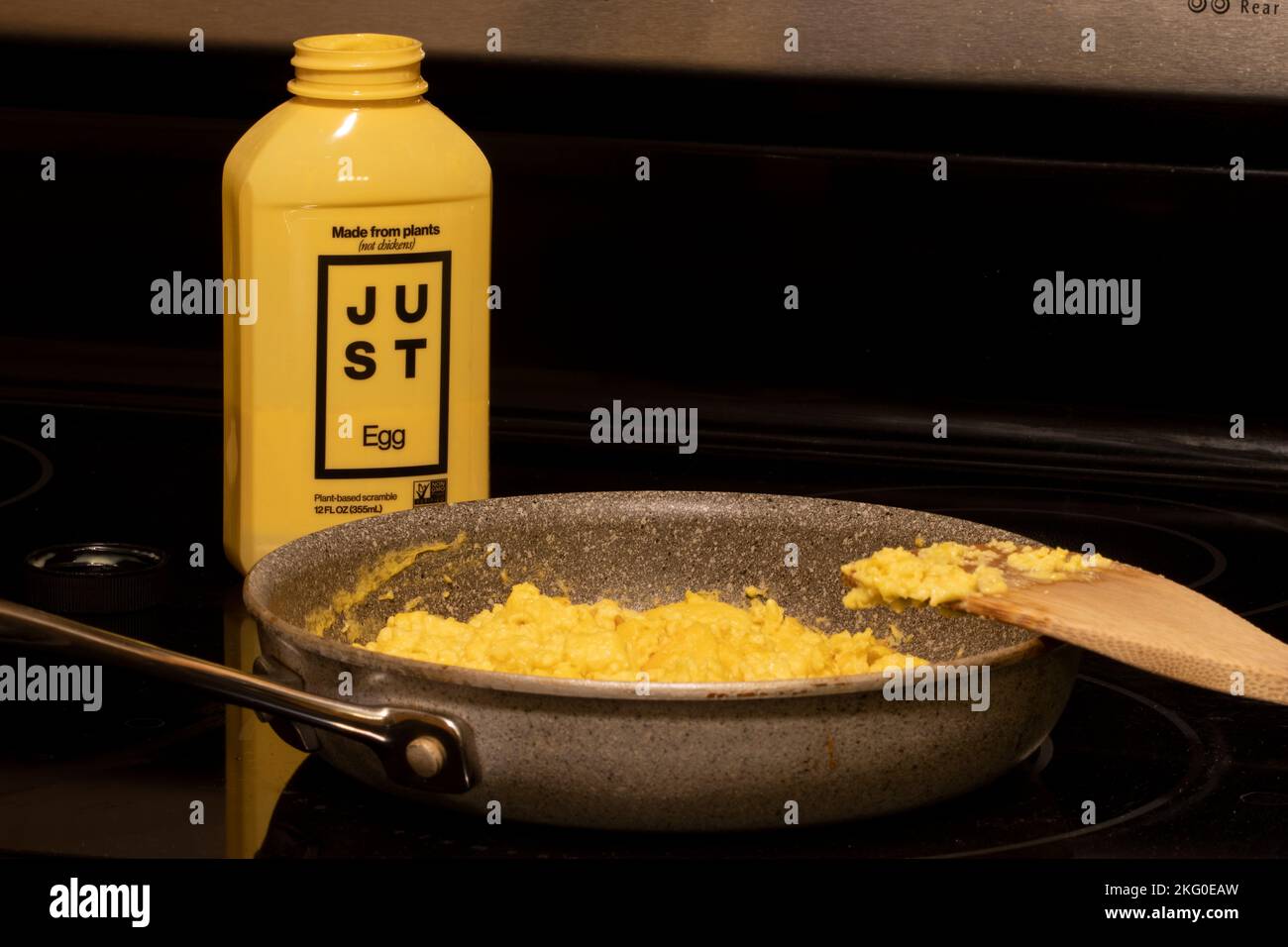 Scrambled "eggs" made with JUST Egg plantbased scramble in a pan on an