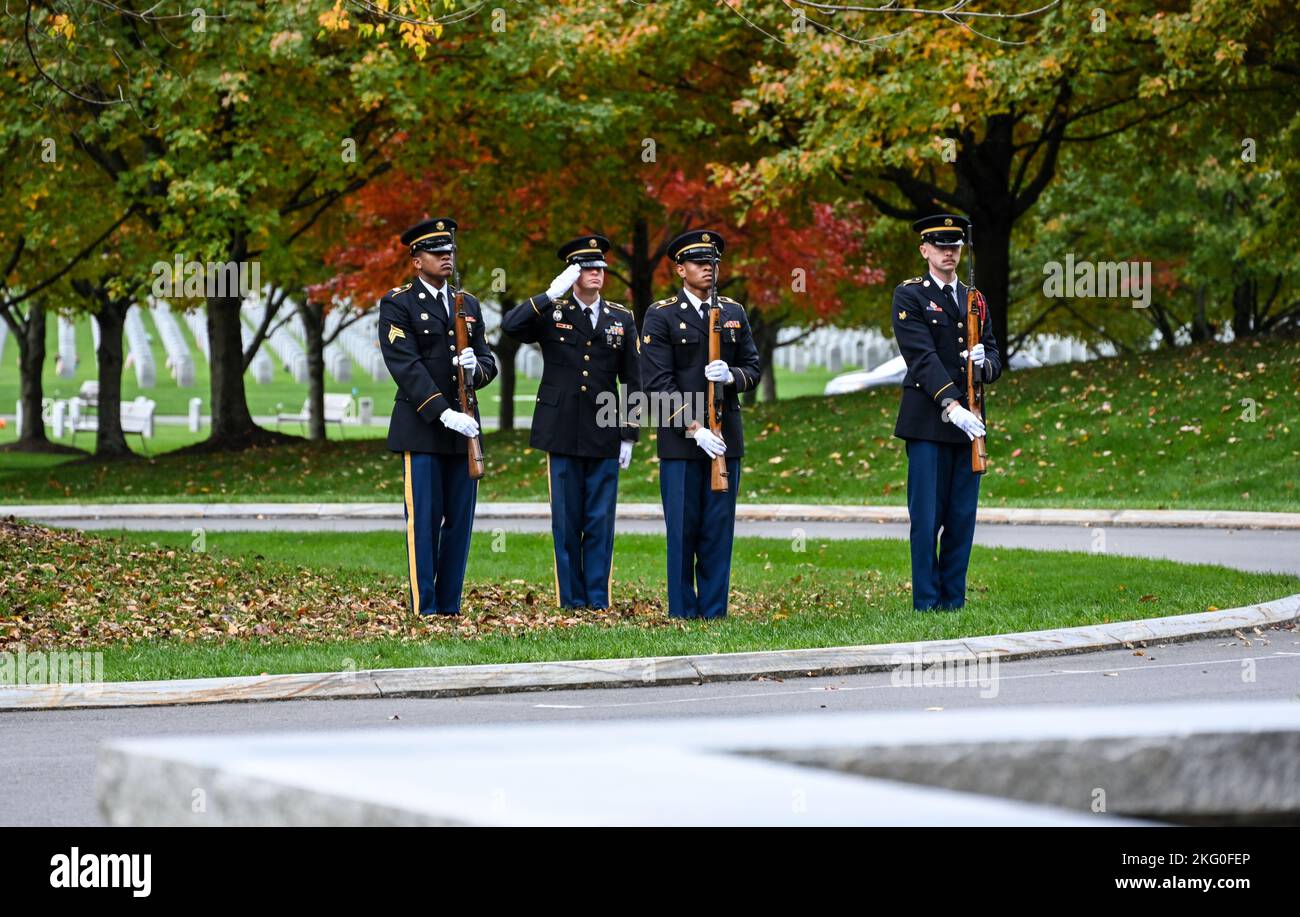 Members of the New York National Guard Honor Guard perform military honors for the dedication of a memorial stone for Private Oliver Barrett at the Saratoga National Cemetery on October 19, 2022.  Barrett volunteered as a Minuteman and died serving under the 10th Massachusetts Regiment in the Battle of Saratoga on October 7, 1777, at 51 years of age. Barrett lies in an unmarked grave on the Saratoga Battlefield and was honored with a memorial stone at the ceremony. Stock Photo