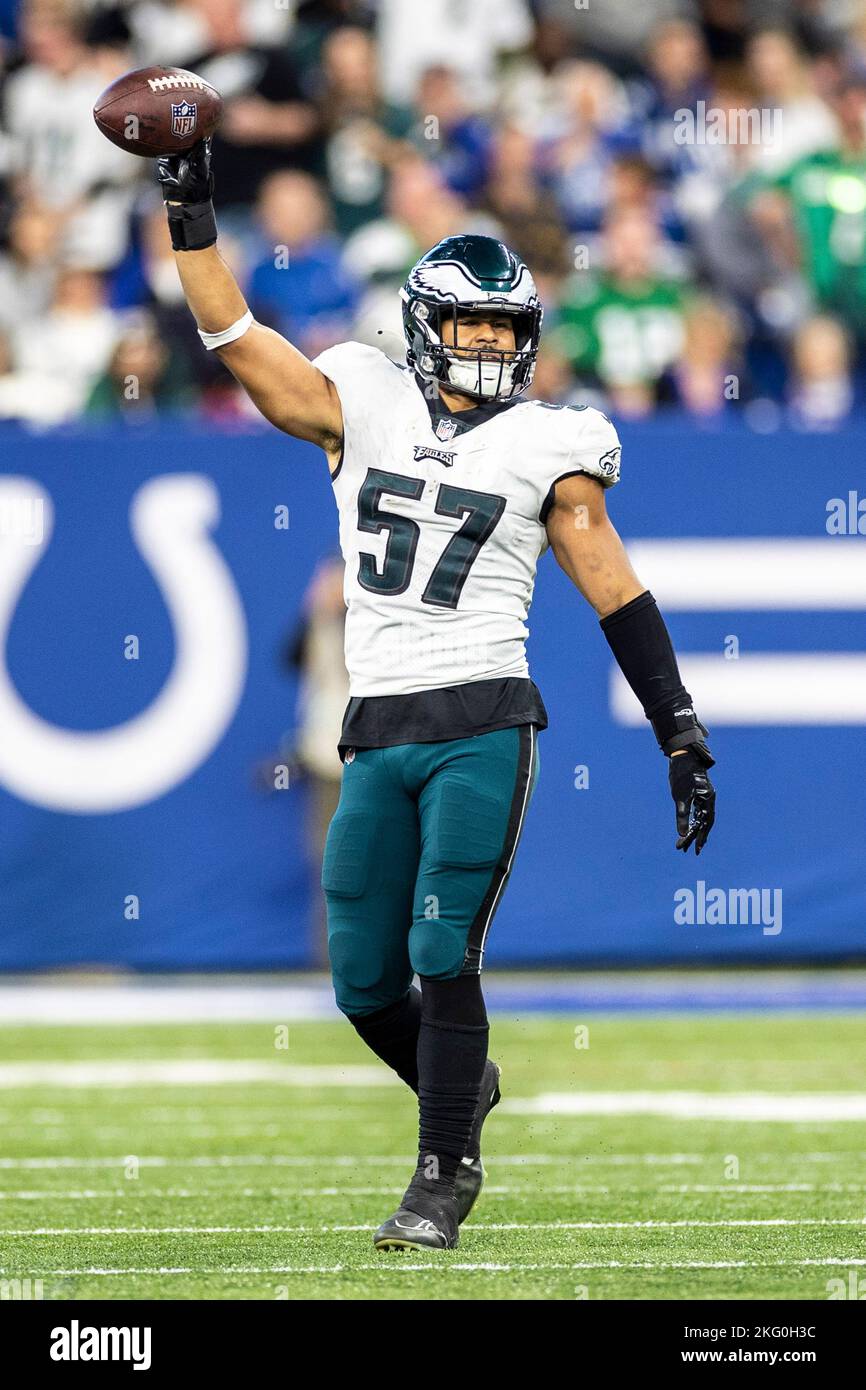 November 20, 2022: Philadelphia Eagles linebacker T.J. Edwards (57) celebrates fumble recovery during NFL game against the Indianapolis Colts in Indianapolis, Indiana. John Mersits/CSM. Stock Photo