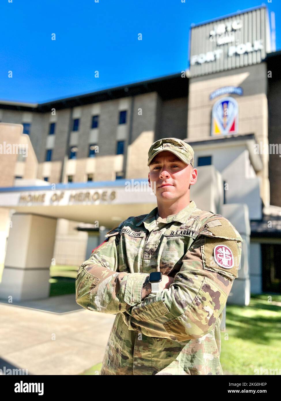 Sgt. Garrett Paulson, U.S. Army Noncommissioned Officer of the Year, is a combat medic assigned to Bayne-Jones Army Community Hospital at the Joint Readiness Training Center and Fort Polk, Louisiana. Stock Photo